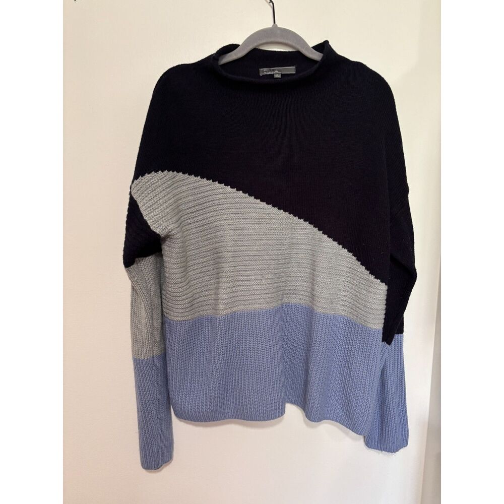 89th & Madison Colorblock Sweater Black‎ Gray Blue Knit Pullover L Office Modern